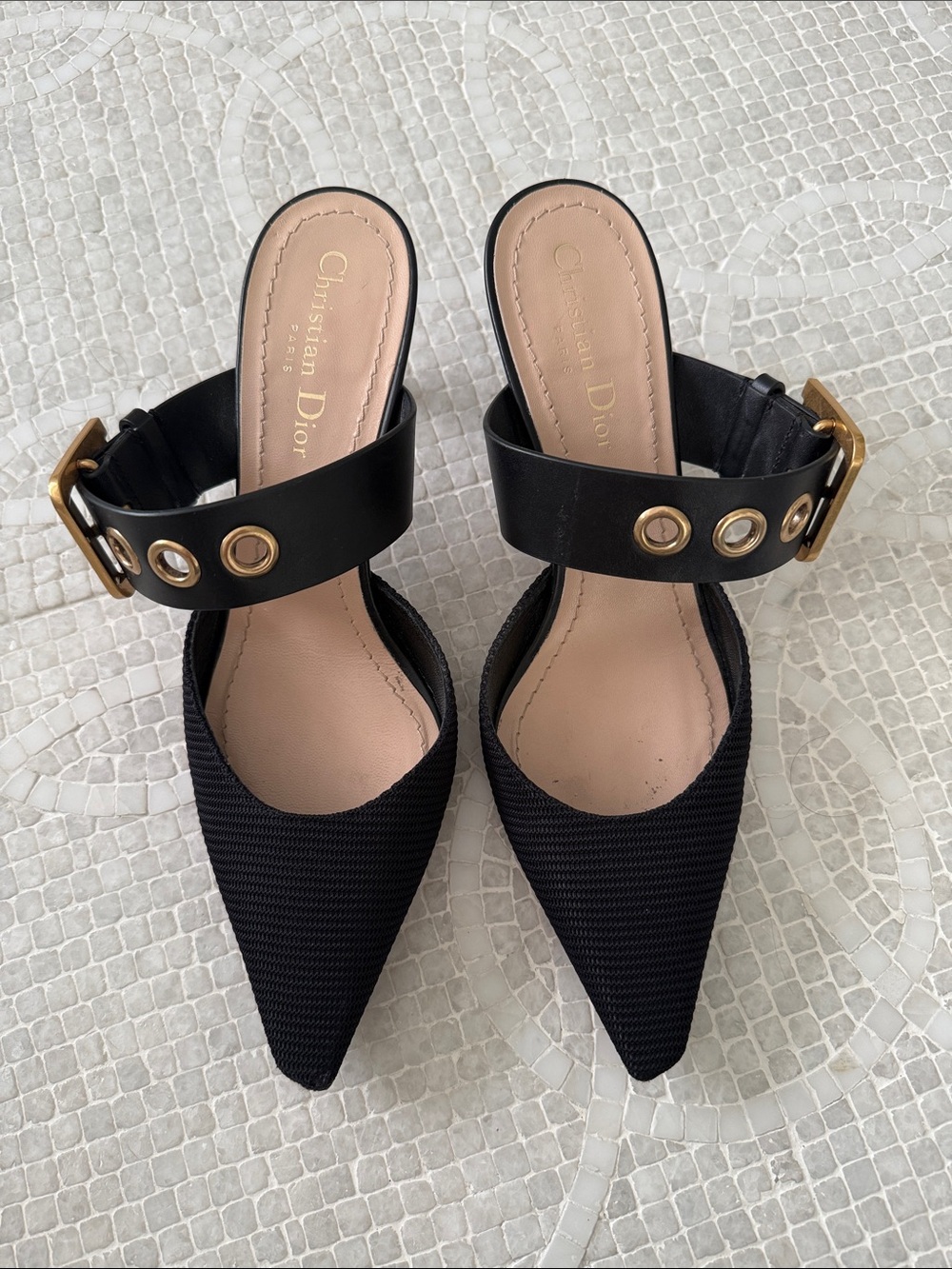 D Dior Classic D Logo Black Pointed Fabric Mules with Gold Grommet Buckle Strap